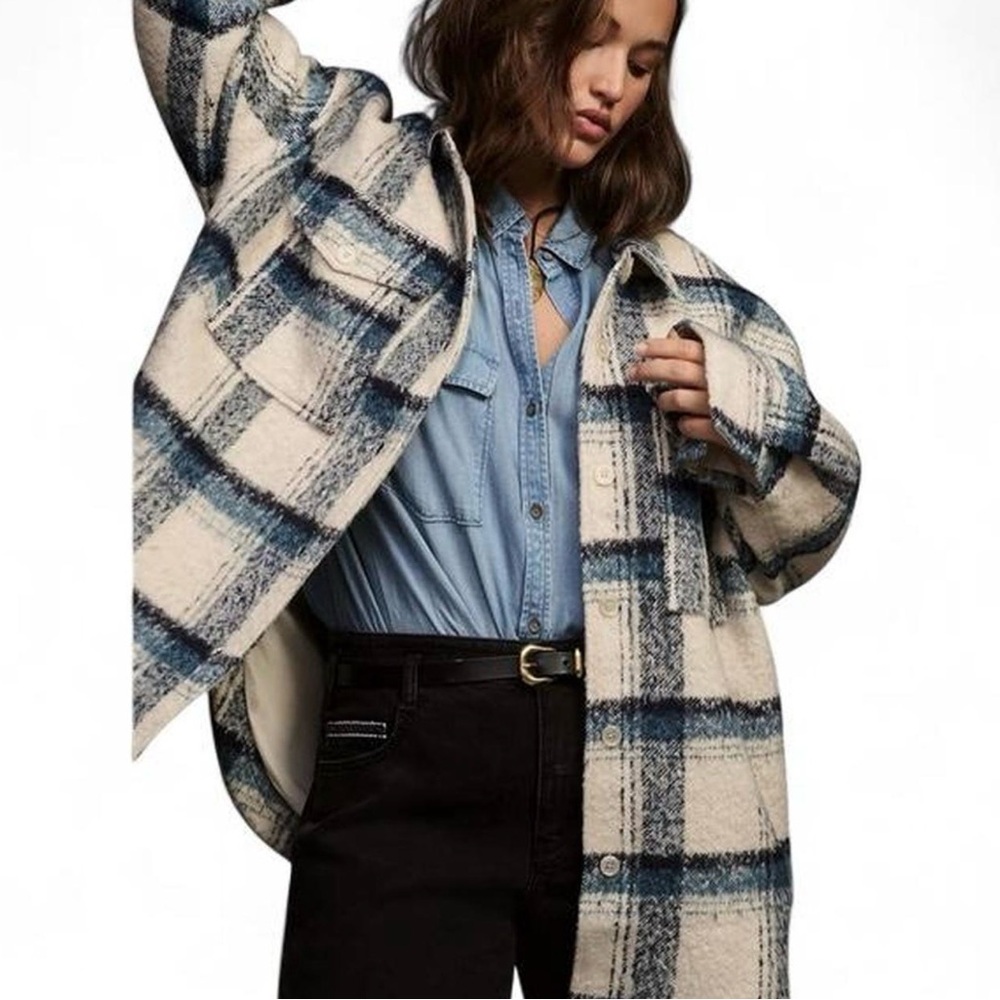 Good American Plaid Sherpa Shacket Blue & Cream SZ L/XL